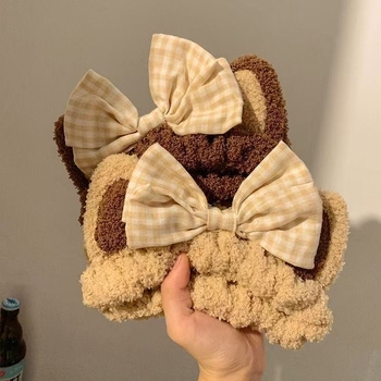 Bandă pentru spălarea feței cu urechi de pisică pufoase și funda, material: pânză, realizată manual, stil proaspăt și dulce