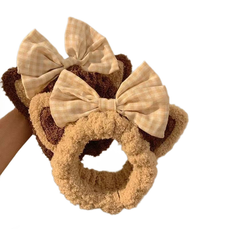 Bandă pentru spălarea feței cu urechi de pisică pufoase și funda, material: pânză, realizată manual, stil proaspăt și dulce