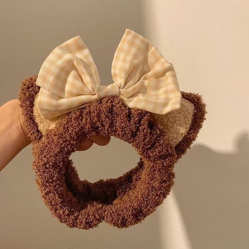 Bandă pentru spălarea feței cu urechi de pisică pufoase și funda, material: pânză, realizată manual, stil proaspăt și dulce