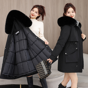 Parkas s výplňou z bavlny a peria, s kapucňou, úzky strih, stredne dlhý kabát s hrubou izoláciou