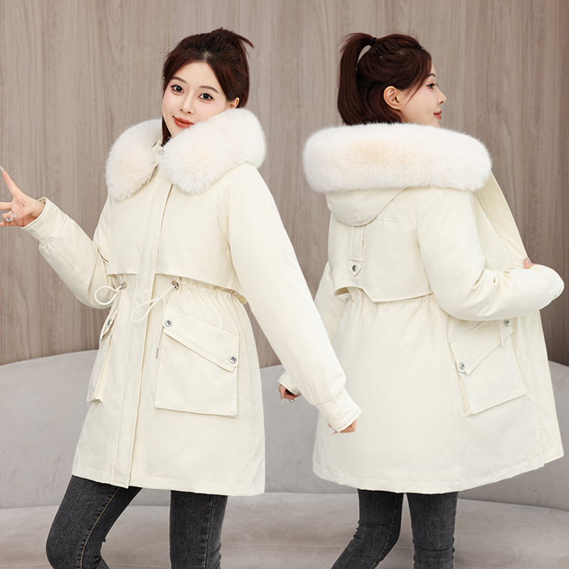 Parkas s výplňou z bavlny a peria, s kapucňou, úzky strih, stredne dlhý kabát s hrubou izoláciou