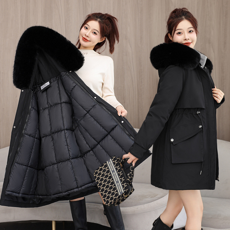 Parkas s výplňou z bavlny a peria, s kapucňou, úzky strih, stredne dlhý kabát s hrubou izoláciou