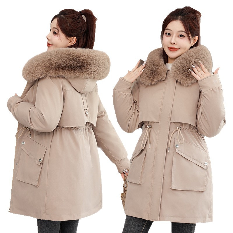 Parkas s výplňou z bavlny a peria, s kapucňou, úzky strih, stredne dlhý kabát s hrubou izoláciou