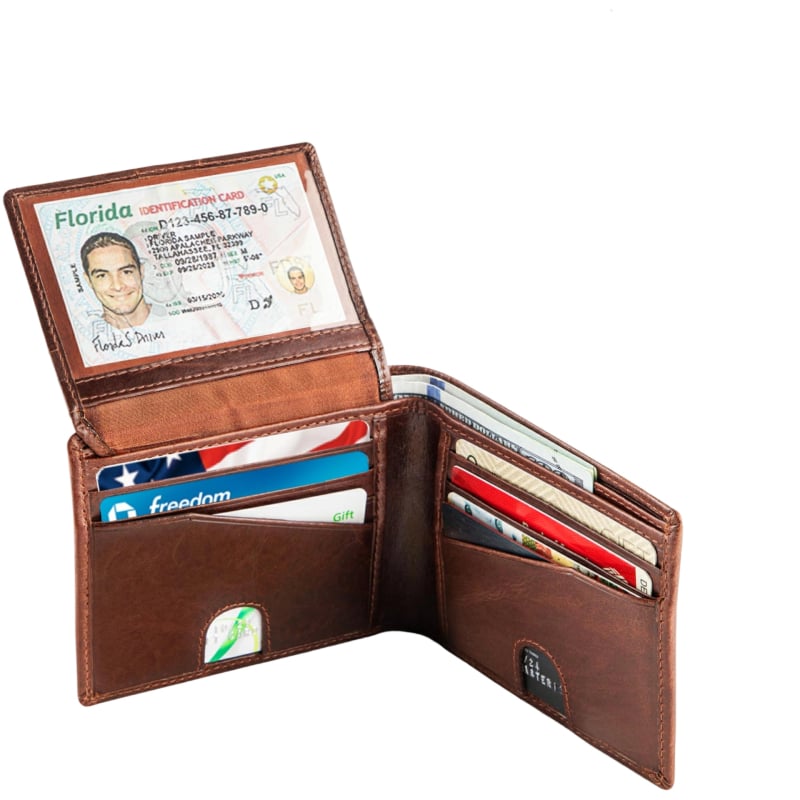 Portofel din piele naturală pentru bărbați, pliabil, cu compartimente pentru carduri, bancnote, monede, sloturi pentru fotografii și certificate, personalizabil