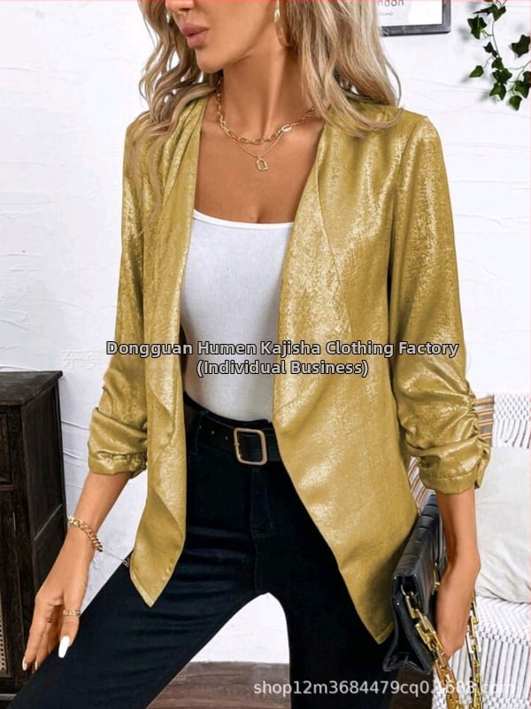 Дамски топ‑костюм от полиестер със лац‑яка, дълги ръкави, ръкав тип пайл и колажна декорация