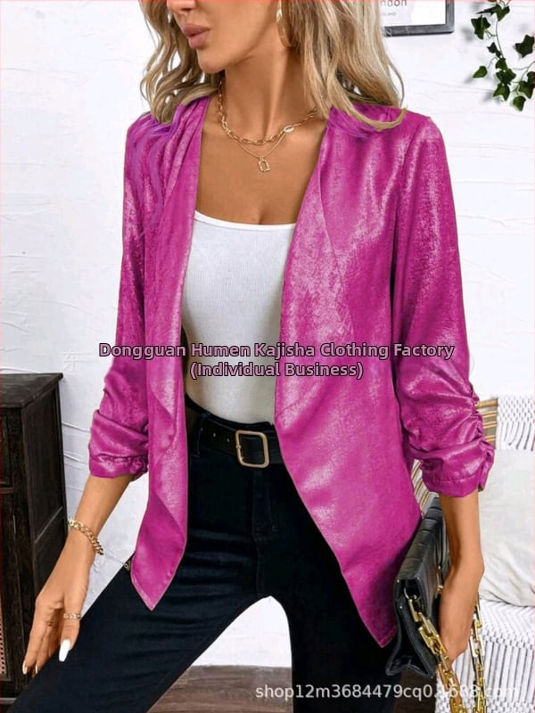 Дамски топ‑костюм от полиестер със лац‑яка, дълги ръкави, ръкав тип пайл и колажна декорация