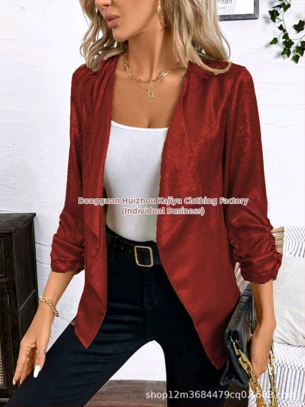 Дамски топ‑костюм от полиестер със лац‑яка, дълги ръкави, ръкав тип пайл и колажна декорация