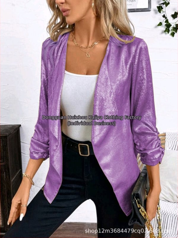 Дамски топ‑костюм от полиестер със лац‑яка, дълги ръкави, ръкав тип пайл и колажна декорация