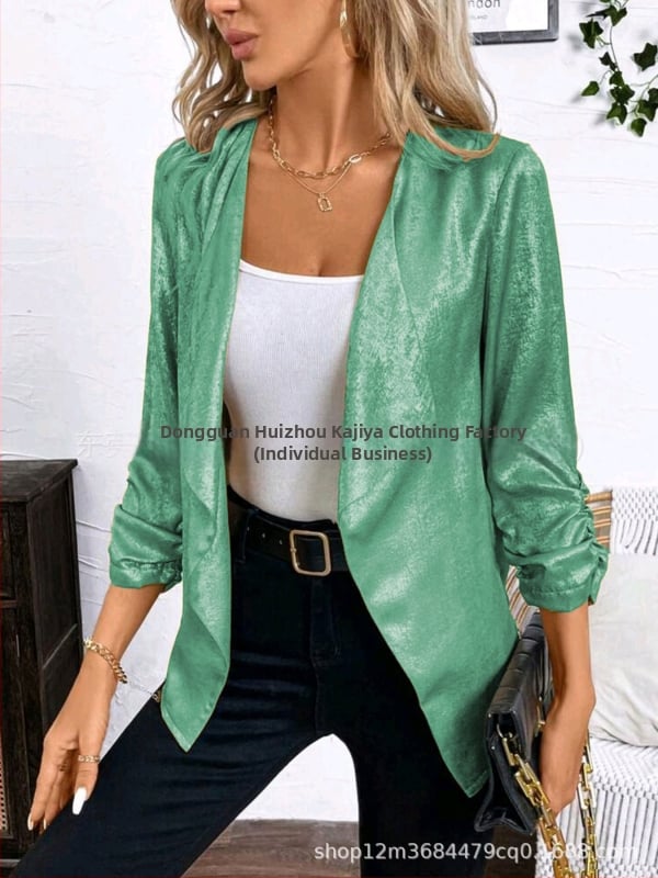 Дамски топ‑костюм от полиестер със лац‑яка, дълги ръкави, ръкав тип пайл и колажна декорация