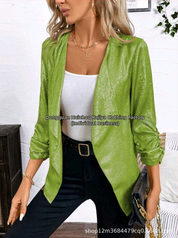 Дамски топ‑костюм от полиестер със лац‑яка, дълги ръкави, ръкав тип пайл и колажна декорация