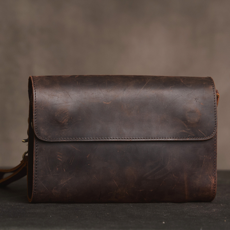 Clutch bărbătesc din piele naturală, piele de vită de prim strat, Crazy Horse, capacitate mare, rezistent la uzură, căptușeală din poliester