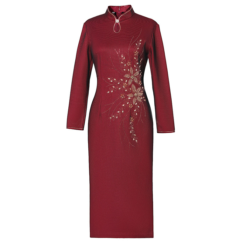 rochie cu mărgele și guler înalt, croială Slim, pentru femei mature, stil elegant de birou, satin brocat, 90–95% poliester, broderie cu mărgele