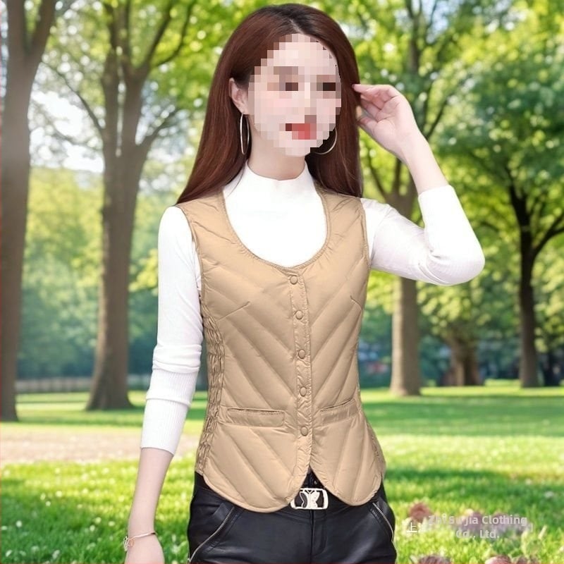 Дамска пухена жилетка за вътрешно носене, регулярна кройка, поло яка, Chenille плат, съдържание на спандекс 80–90%, пролет 2025
