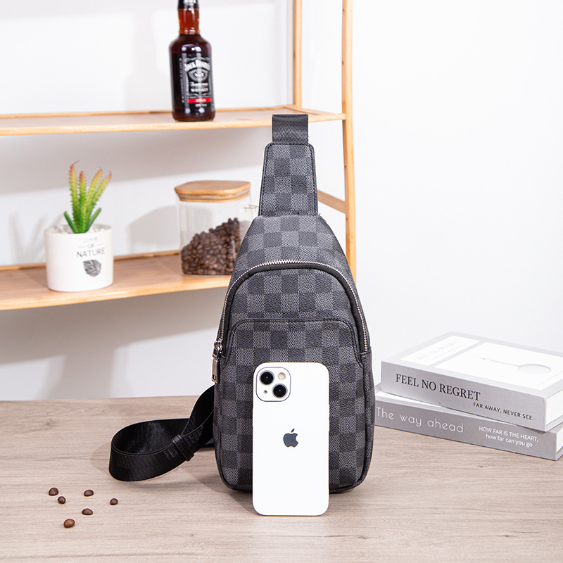 Geantă de piept pentru bărbați – stil stradal, PVC, impermeabil, model în carouri, căptușeală din poliester