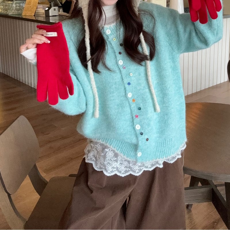 Кардиган, тънък силует, кръгло деколте, дълги ръкави, плетена материя, полиестер смес 50-70%