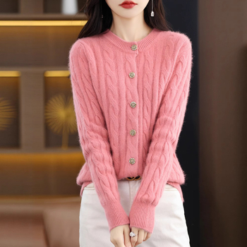 Дамски Mink кардиган, кръгло деколте, жакардова плетка, дълги ръкави, свободна кройка