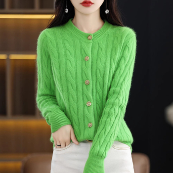 Дамски Mink кардиган, кръгло деколте, жакардова плетка, дълги ръкави, свободна кройка