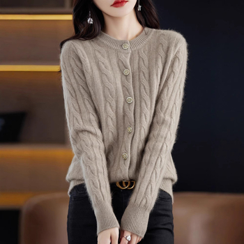 Дамски Mink кардиган, кръгло деколте, жакардова плетка, дълги ръкави, свободна кройка