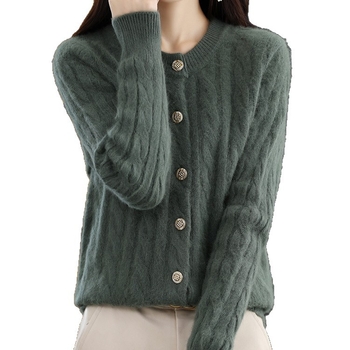 Дамски Mink кардиган, кръгло деколте, жакардова плетка, дълги ръкави, свободна кройка