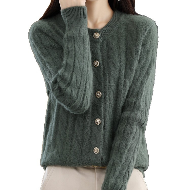 Дамски Mink кардиган, кръгло деколте, жакардова плетка, дълги ръкави, свободна кройка