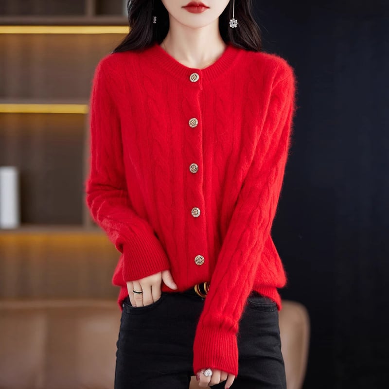 Дамски Mink кардиган, кръгло деколте, жакардова плетка, дълги ръкави, свободна кройка