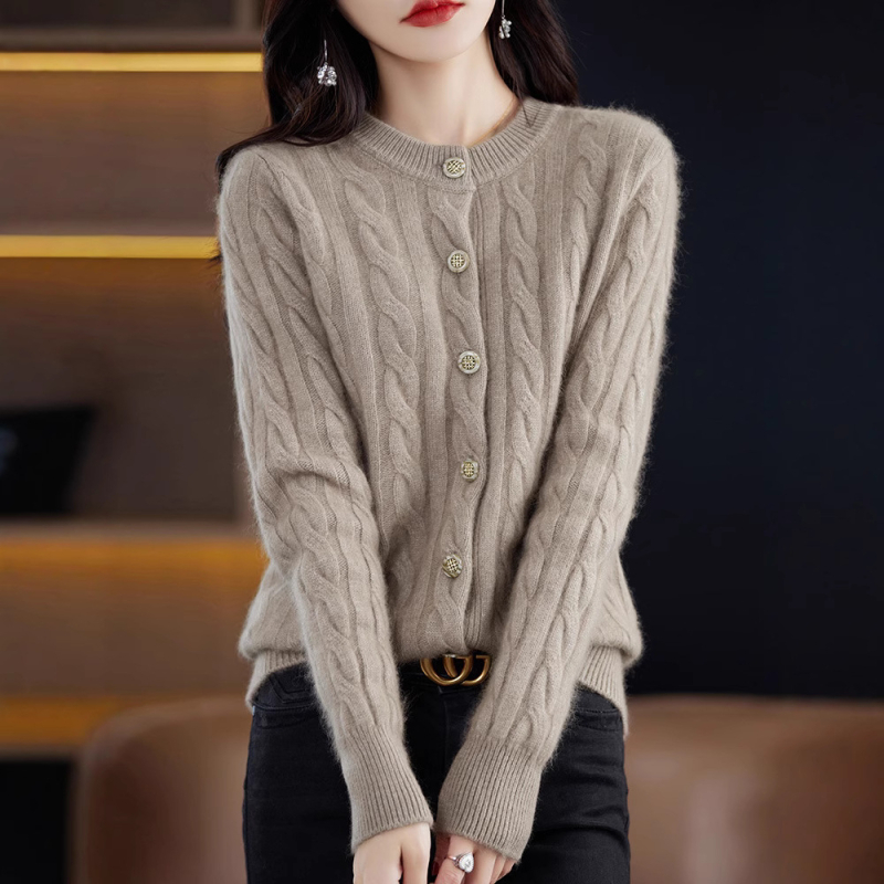 Дамски Mink кардиган, кръгло деколте, жакардова плетка, дълги ръкави, свободна кройка