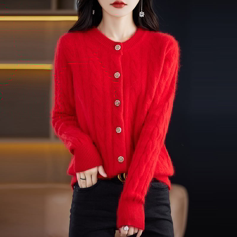 Дамски Mink кардиган, кръгло деколте, жакардова плетка, дълги ръкави, свободна кройка