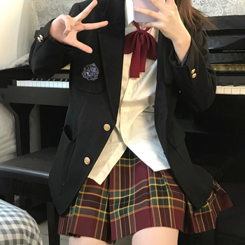 Корейски стил JK униформа за студентки – плисирана пола, сако с дълъг ръкав, полиестер, есен-зима 2023, свободна кройка