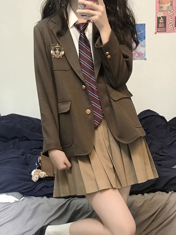 Корейски стил JK униформа за студентки – плисирана пола, сако с дълъг ръкав, полиестер, есен-зима 2023, свободна кройка