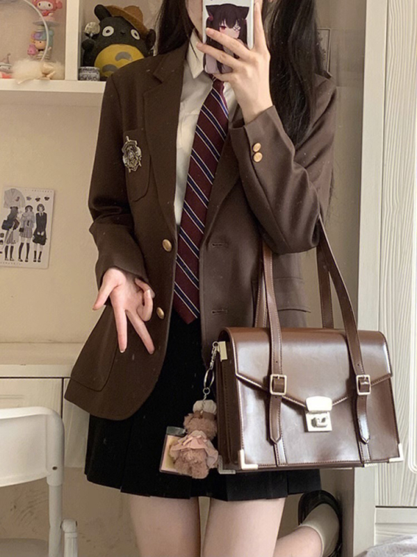 Корейски стил JK униформа за студентки – плисирана пола, сако с дълъг ръкав, полиестер, есен-зима 2023, свободна кройка