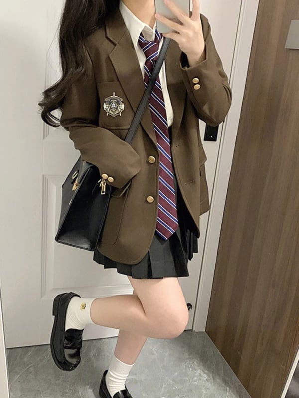 Корейски стил JK униформа за студентки – плисирана пола, сако с дълъг ръкав, полиестер, есен-зима 2023, свободна кройка