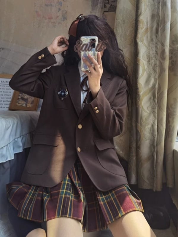 Корейски стил JK униформа за студентки – плисирана пола, сако с дълъг ръкав, полиестер, есен-зима 2023, свободна кройка