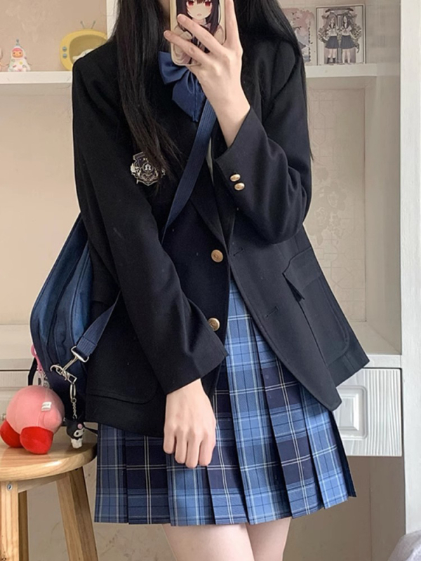 Корейски стил JK униформа за студентки – плисирана пола, сако с дълъг ръкав, полиестер, есен-зима 2023, свободна кройка