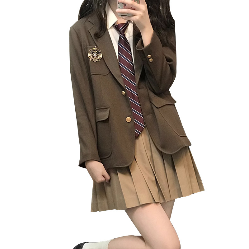 Корейски стил JK униформа за студентки – плисирана пола, сако с дълъг ръкав, полиестер, есен-зима 2023, свободна кройка
