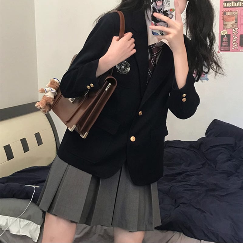 Корейски стил JK униформа за студентки – плисирана пола, сако с дълъг ръкав, полиестер, есен-зима 2023, свободна кройка