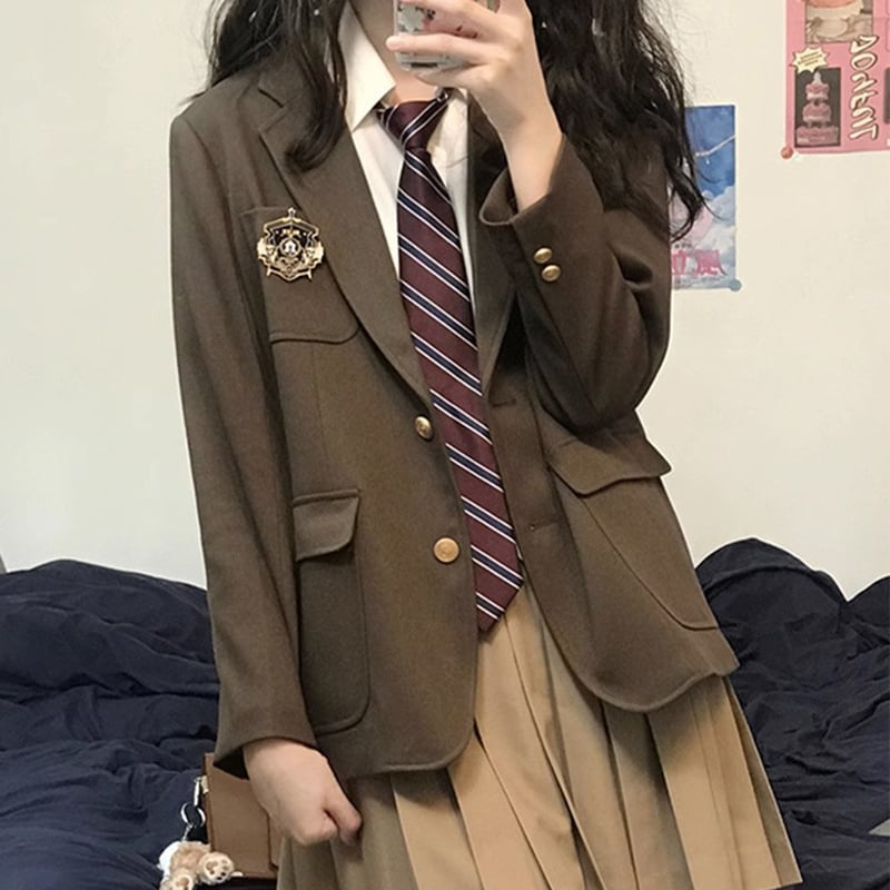 Корейски стил JK униформа за студентки – плисирана пола, сако с дълъг ръкав, полиестер, есен-зима 2023, свободна кройка