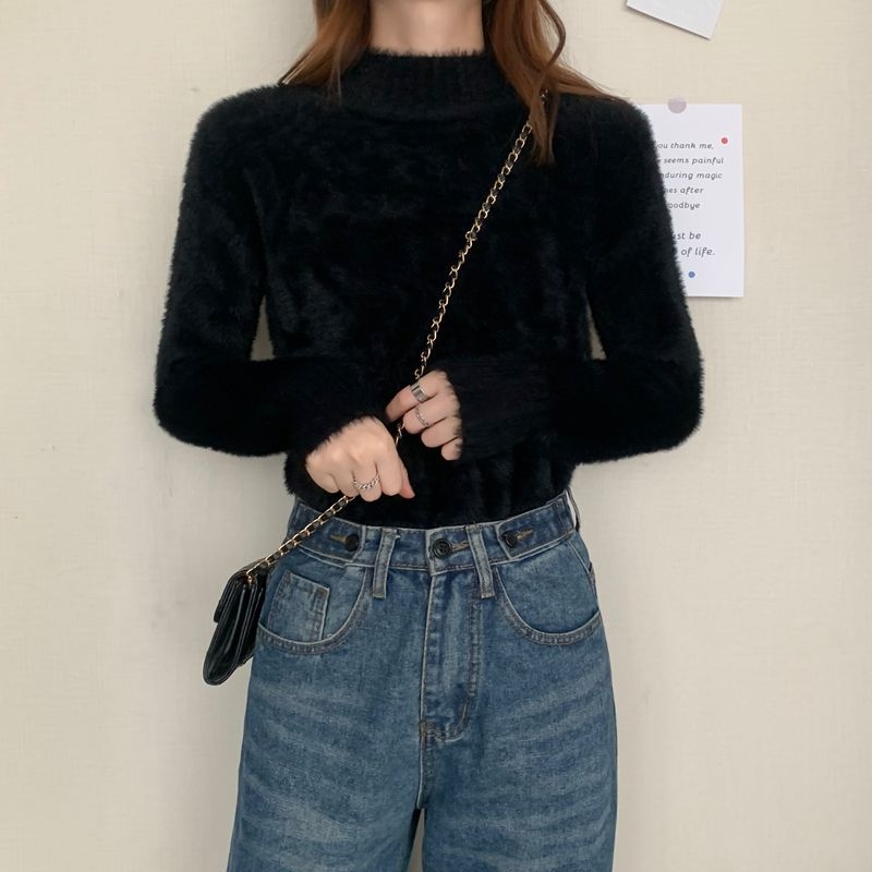 Пуловер със полувисока яка, Ice Silk плат, редовна дебелина, без ръкави, кратък есенно-зимен топ