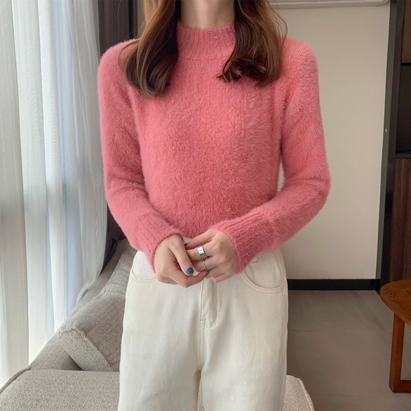 Пуловер със полувисока яка, Ice Silk плат, редовна дебелина, без ръкави, кратък есенно-зимен топ