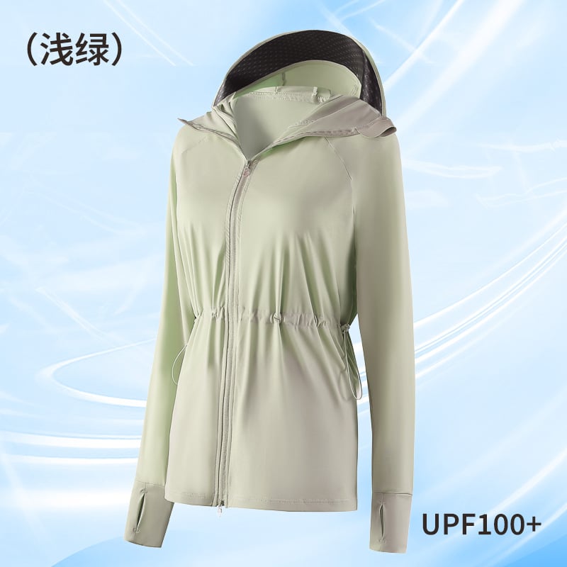 Ženska vanjska jakna s UV zaštitom UPF100+, prozračna, kapuljača, materijal 82% najlon / 18% spandex, model F017