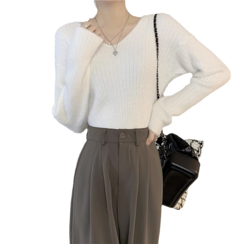 Женски пуловер с V-образно деколте, изкуствен норков велур, дълги ръкави, свободна кройка, зима 2024