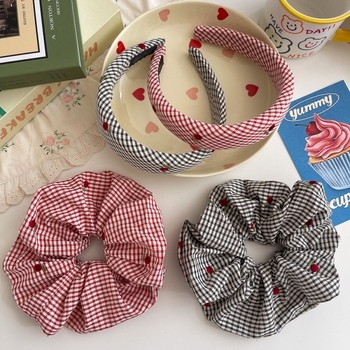 Gumica za kosu u korejskom stilu s kariranim uzorkom, ručno izrađena od tkanine, elastična, dodatak za punđu