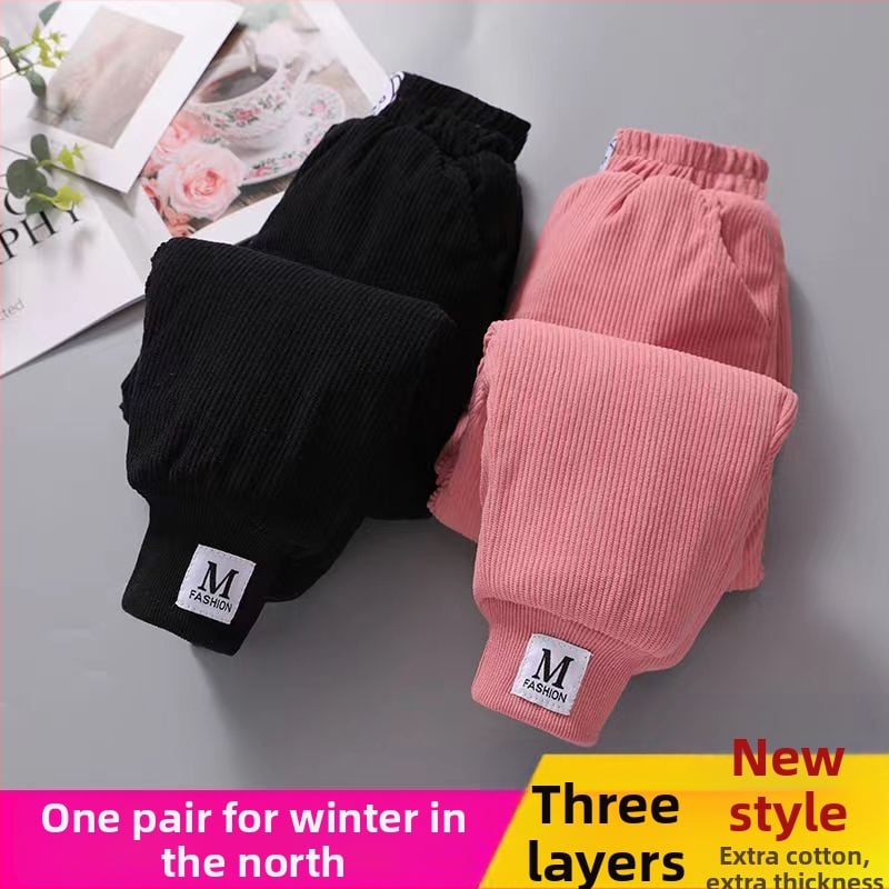 Lányoknak készült fleece-bevonatú vastag pamutnadrág, háromréteg quiltelt melegséggel, mindennapi kültéri téli viselet