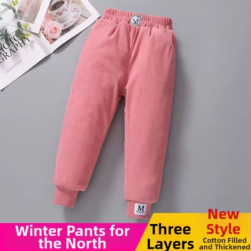 Dievčenské nohavice s fleecovou podšívkou, hrubé bavlnené nohavice s trojvrstvovým quiltovaným teplom, bežné vonkajšie zimné nohavice