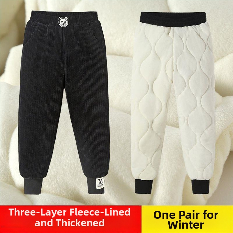 Lányoknak készült fleece-bevonatú vastag pamutnadrág, háromréteg quiltelt melegséggel, mindennapi kültéri téli viselet