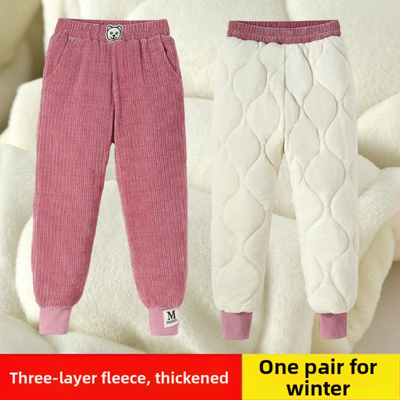 Lányoknak készült fleece-bevonatú vastag pamutnadrág, háromréteg quiltelt melegséggel, mindennapi kültéri téli viselet