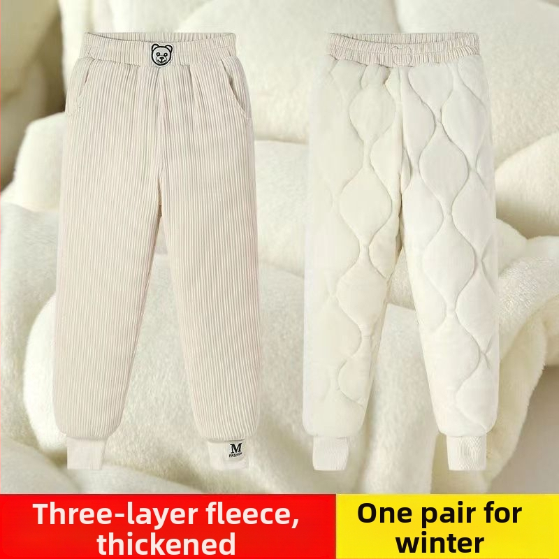Lányoknak készült fleece-bevonatú vastag pamutnadrág, háromréteg quiltelt melegséggel, mindennapi kültéri téli viselet