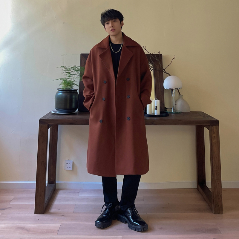 Férfi gyapjúkabát, koreai stílus, laza szabás, kétsoros gombolás, térd fölé érő hossz