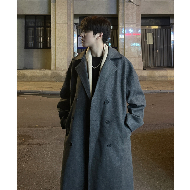 Férfi gyapjúkabát, koreai stílus, laza szabás, kétsoros gombolás, térd fölé érő hossz