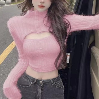 Пуловер от имитационна норка, полувисока яка, 3D шарка, средна дебелина, къс модел