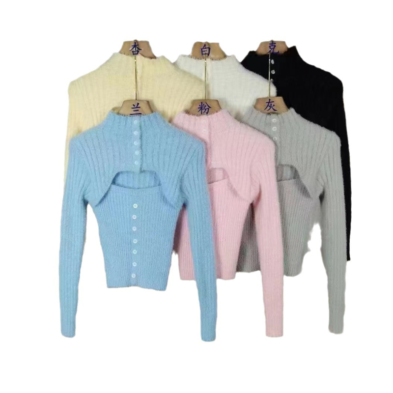 Пуловер от имитационна норка, полувисока яка, 3D шарка, средна дебелина, къс модел